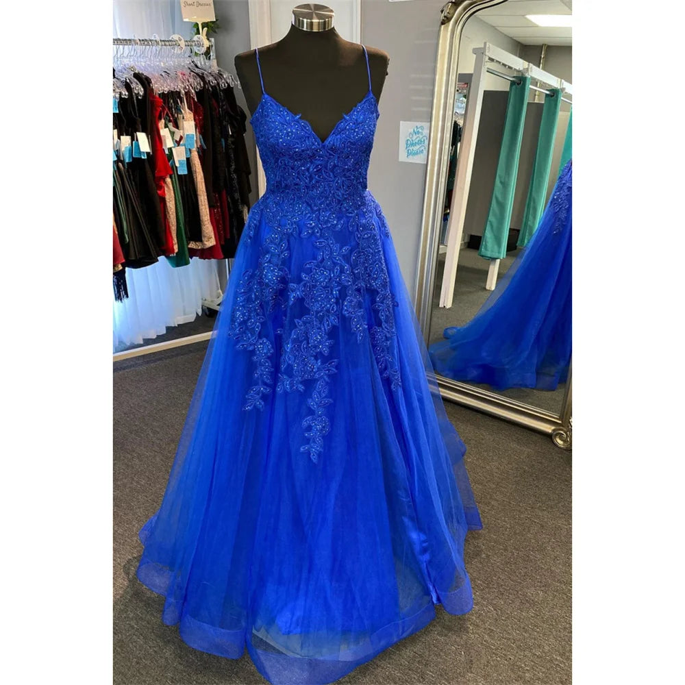 Royal Blue Prom Dresses Tulle A-line vestidos de noche Elegant Sleeveless Floor-Length Lace Appliques Formal Evening