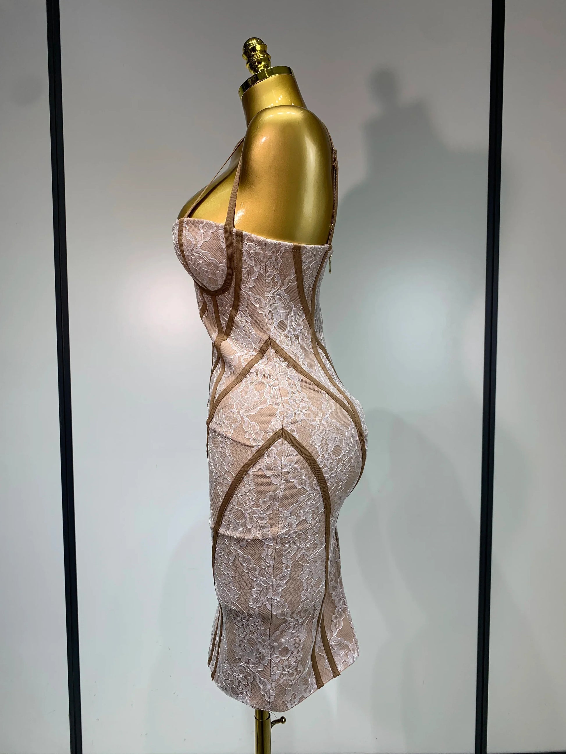 Luxury Birthday Dress Women Khaki Spaghetti Strap Lace Sexy Bodycon Celebrity Elegant Cocktail Club Party Bandage Dress