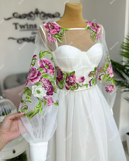 Short A-Line Wedding Dresses Embroidery Flowers O Neck Long Sleeves Bridals Evening Gowns for Women Bride Prom Dress 2023