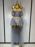 Sexy Backless Mesh Top Skirt Two Pieces Set Celebrate Festival Performance Costume Luxury Birthday Evening Party Design Dress GRAY
