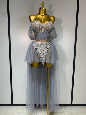 Sexy Backless Mesh Top Skirt Two Pieces Set Celebrate Festival Performance Costume Luxury Birthday Evening Party Design Dress GRAY