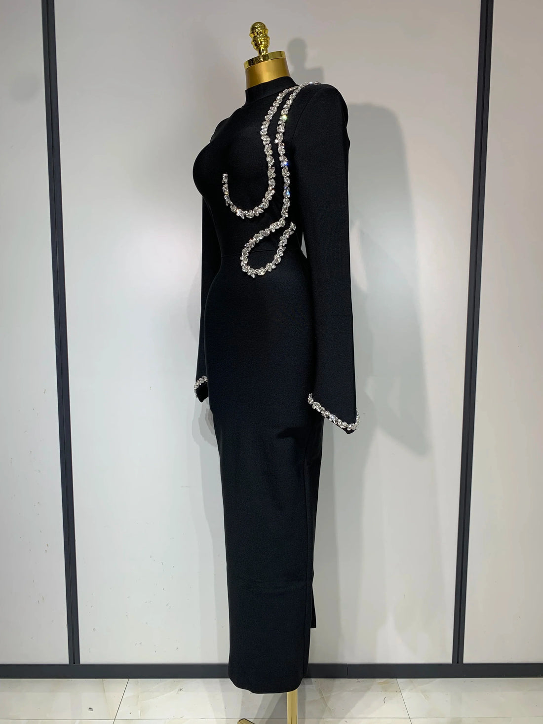Women Sexy Long Sleeve Diamonds Maxi Long Bodycon Bandage Dress Celebrity Elegant Evening Party Luxury Birthday Dresses black