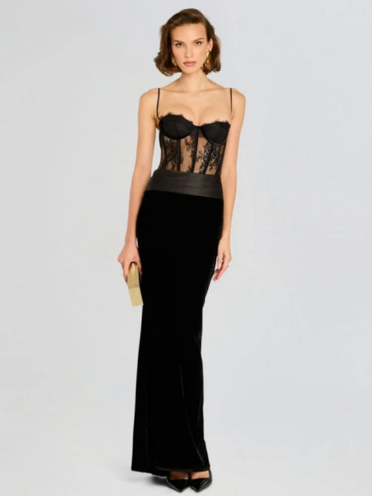 Black Women Sexy Strap Lace Fashion Bodycon Long Maxi Dress Celebrate Birthday Vacation Cocktail Outfit Vestido black