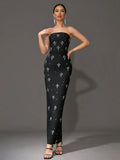 Sexy Women'S Light Luxury Rhinestone Bandage Dress Strapless Sleeveless Bodycon Backless Long Dress Christmas Party Vestido black