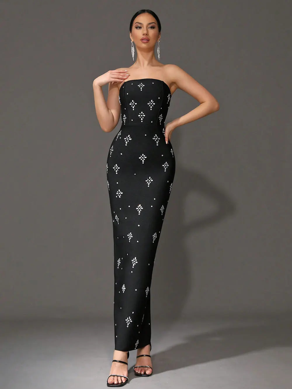 Sexy Women'S Light Luxury Rhinestone Bandage Dress Strapless Sleeveless Bodycon Backless Long Dress Christmas Party Vestido black