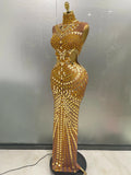 Luxury Shiny Mirror Rhinestones Hollowed-out Long Dress Women Celebrity Evening Party Catwalk Prom Stage Photo Shoot Dresses