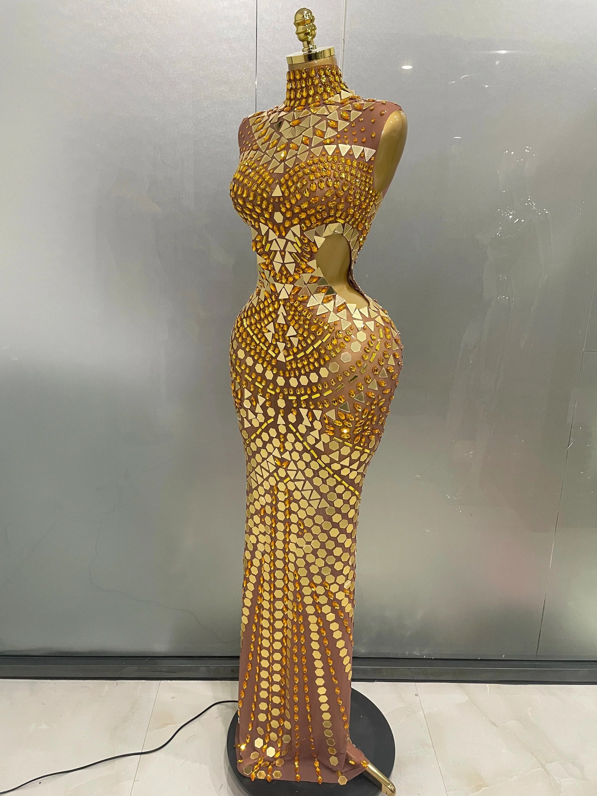 Luxury Shiny Mirror Rhinestones Hollowed-out Long Dress Women Celebrity Evening Party Catwalk Prom Stage Photo Shoot Dresses