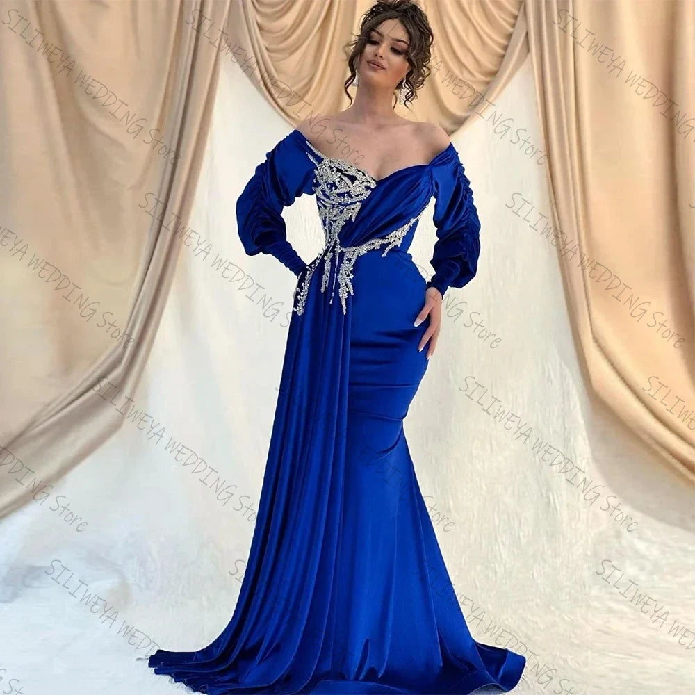 Elegant Royal Blue Mermaid Off Shoulder Evening Dresses V-Neck Decal Beaded Long Sleeve Arab Dubai Prom Gown