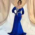 Elegant Royal Blue Mermaid Off Shoulder Evening Dresses V-Neck Decal Beaded Long Sleeve Arab Dubai Prom Gown