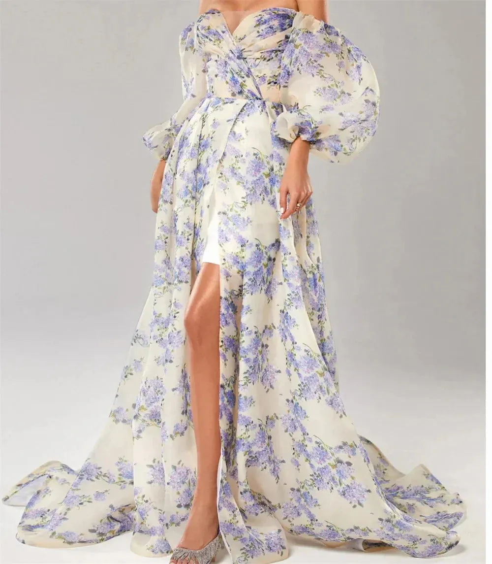 Shivering Heart Shaped Neckline A-line Wedding Dress Puff Sleeves Organza Custom Dresses Side High Split vestido feminino as pic