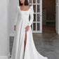 A-Line Wedding Dress Long Sleeve Square Collar Side Slit Simple Satin Open Back Beach Robe De Mariee Custom Made To Measures