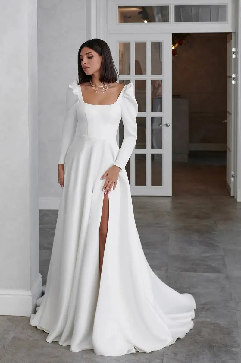 A-Line Wedding Dress Long Sleeve Square Collar Side Slit Simple Satin Open Back Beach Robe De Mariee Custom Made To Measures 14w Satin