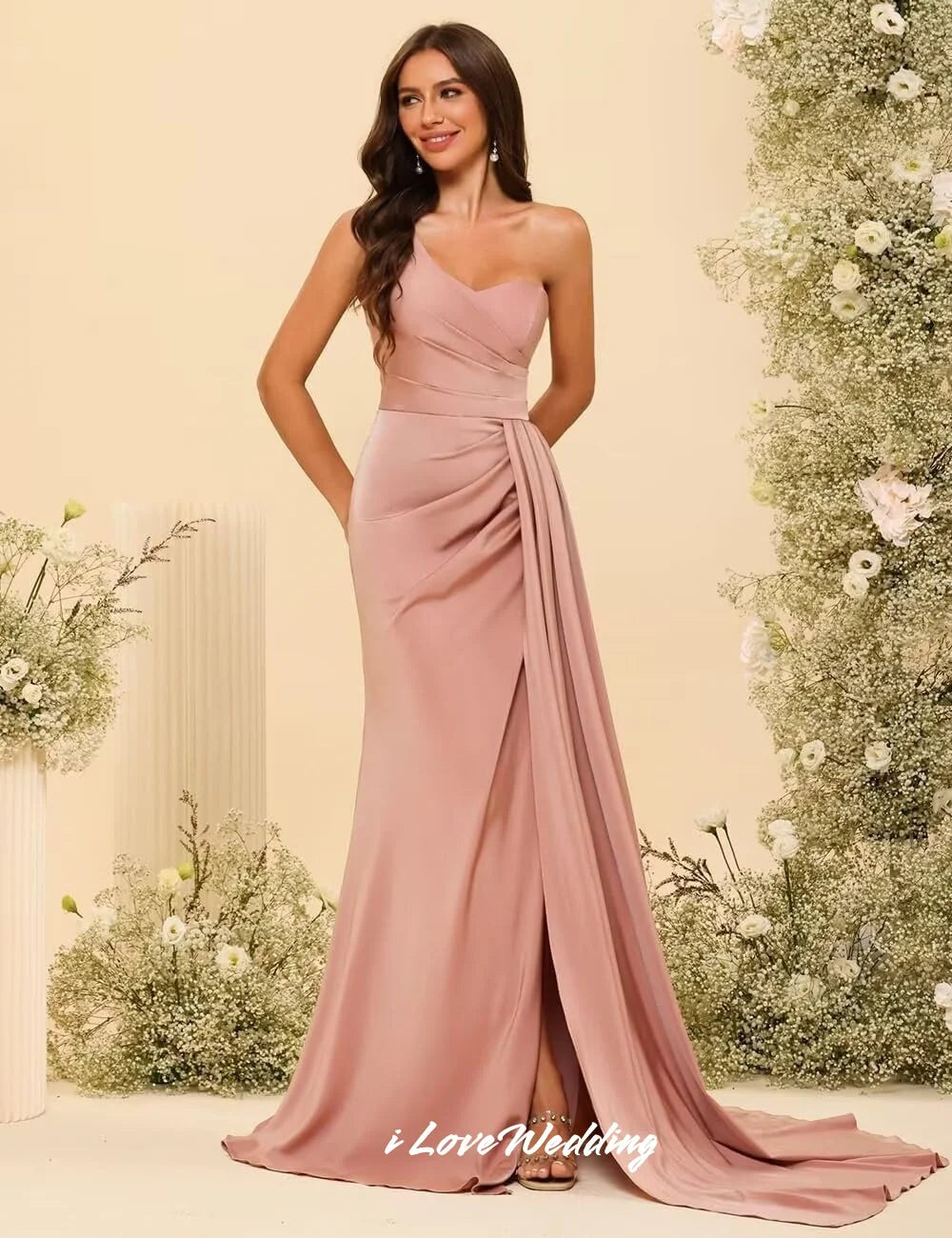Pink One Shoulder Bridesmaid Dresses Satin Sleeveless Mermaid Side Split Ruched Sweep Train Wedding Party Dress Customized