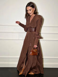 Spring Fashion Dresses For Women Plunging V Neck High Waist Belt Long Sleeves Wedding Party Dress Brown Gowns