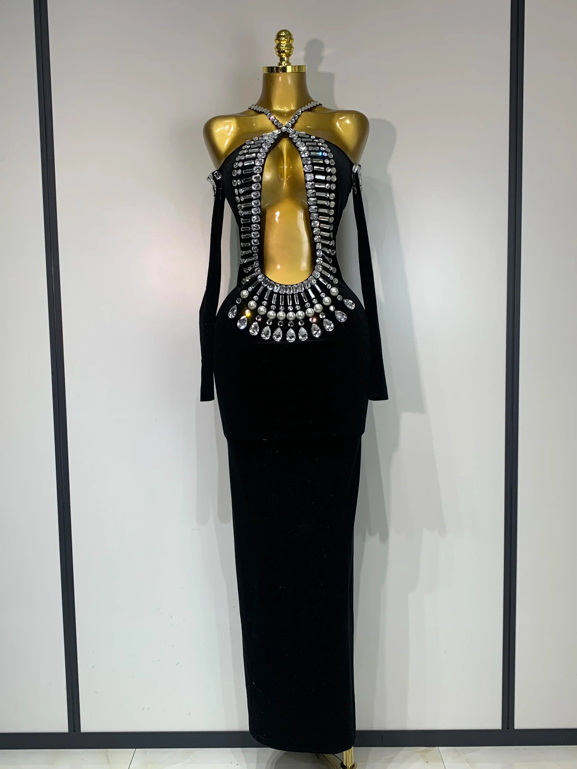 Luxury Birthday Dress Sexy Black Velvet Hollow Out Bodycon Dress Halter Evening Dress Drag Queen Nightclub Wedding Dress black