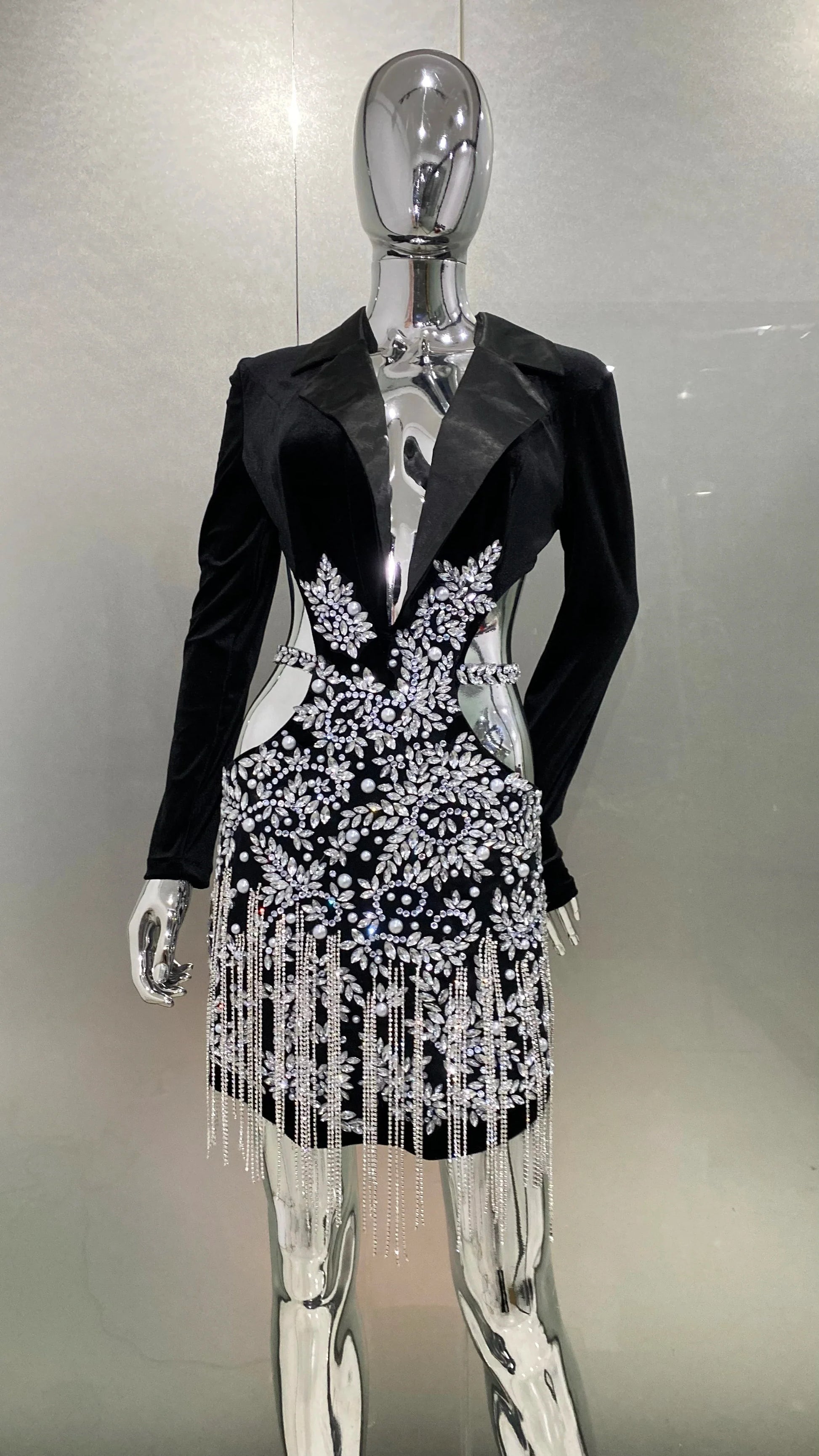 Luxury Diamonds Tassel Sexy hollow Out Notched Black Mini Dress Woman Evening Party Vestido Celebrate Club Party Outfit