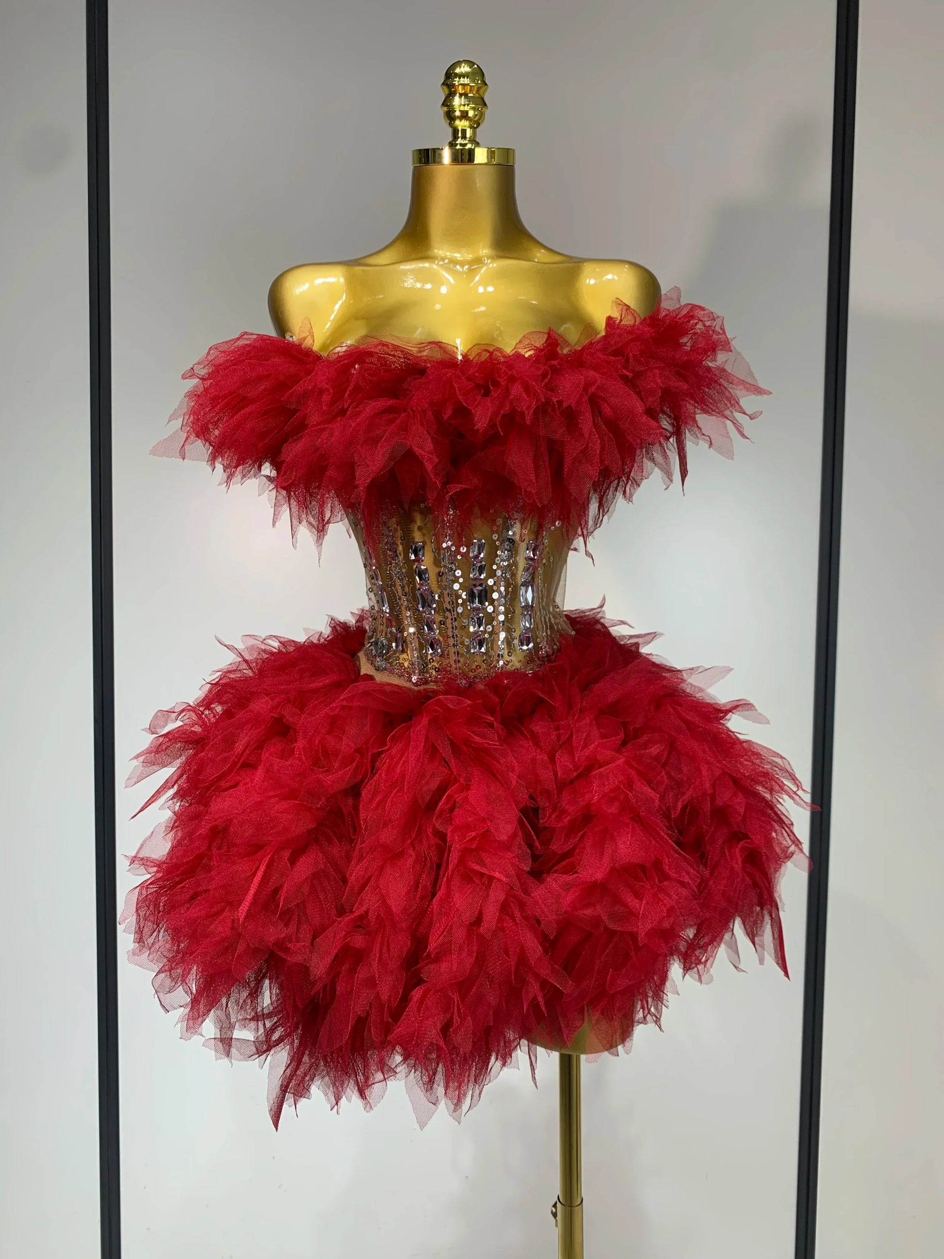 Sexy Strapless Red Mesh Two Pieces Set Singer Nightlcub Party Stage Outfit Photo Shoot Prom Gown Luxury Birthday Dresses Red