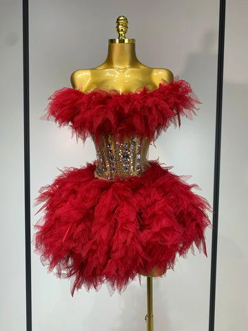 Sexy Strapless Red Mesh Two Pieces Set Singer Nightlcub Party Stage Outfit Photo Shoot Prom Gown Luxury Birthday Dresses Red