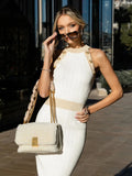 Celebrity Party Dresses For Women Chic Buttons Sleeveless Bandage Tight Elegant Midi Dress Fashion Streetwear