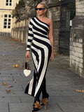 Women Sexy One Shoulder Striped High Split Jacquard Maxi Bodycon Bandage Long Dress Celebrity Evening Party Gown