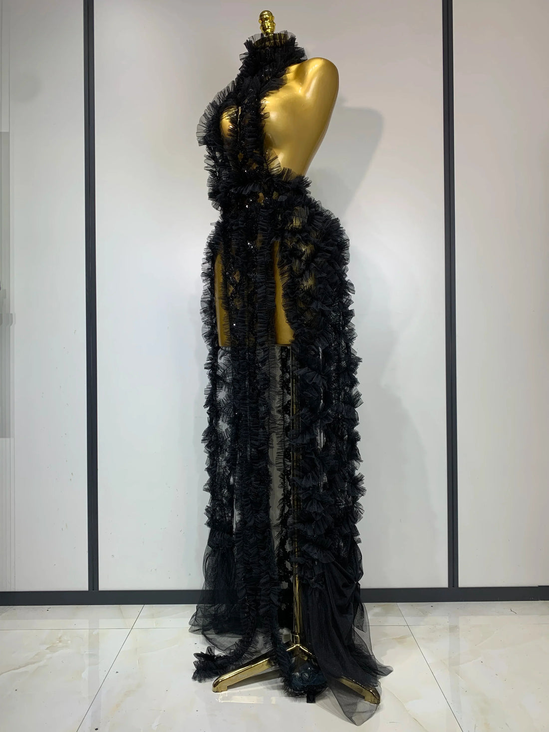 Black Mesh Sequins Sexy Halter See Through Dress Evening Party Prom Nightclub Singer Performance Costume Stage Wear black