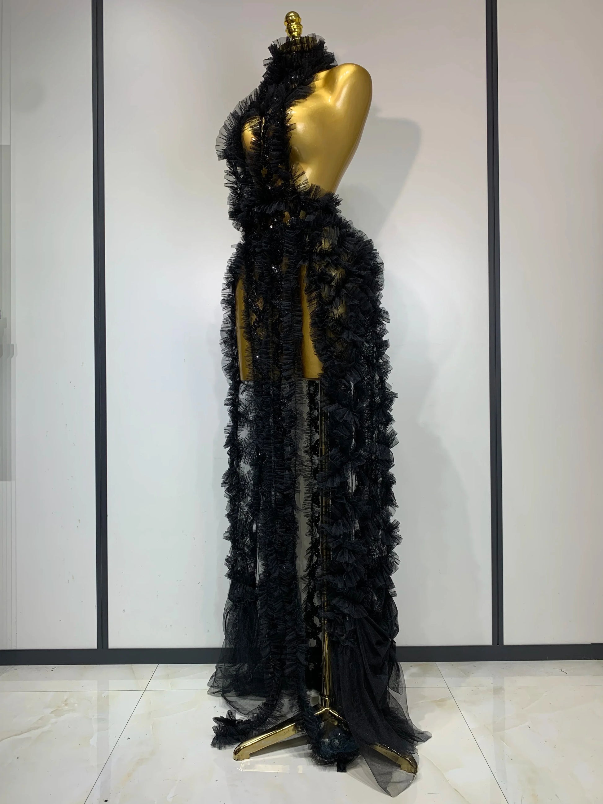 Black Mesh Sequins Sexy Halter See Through Dress Evening Party Prom Nightclub Singer Performance Costume Stage Wear