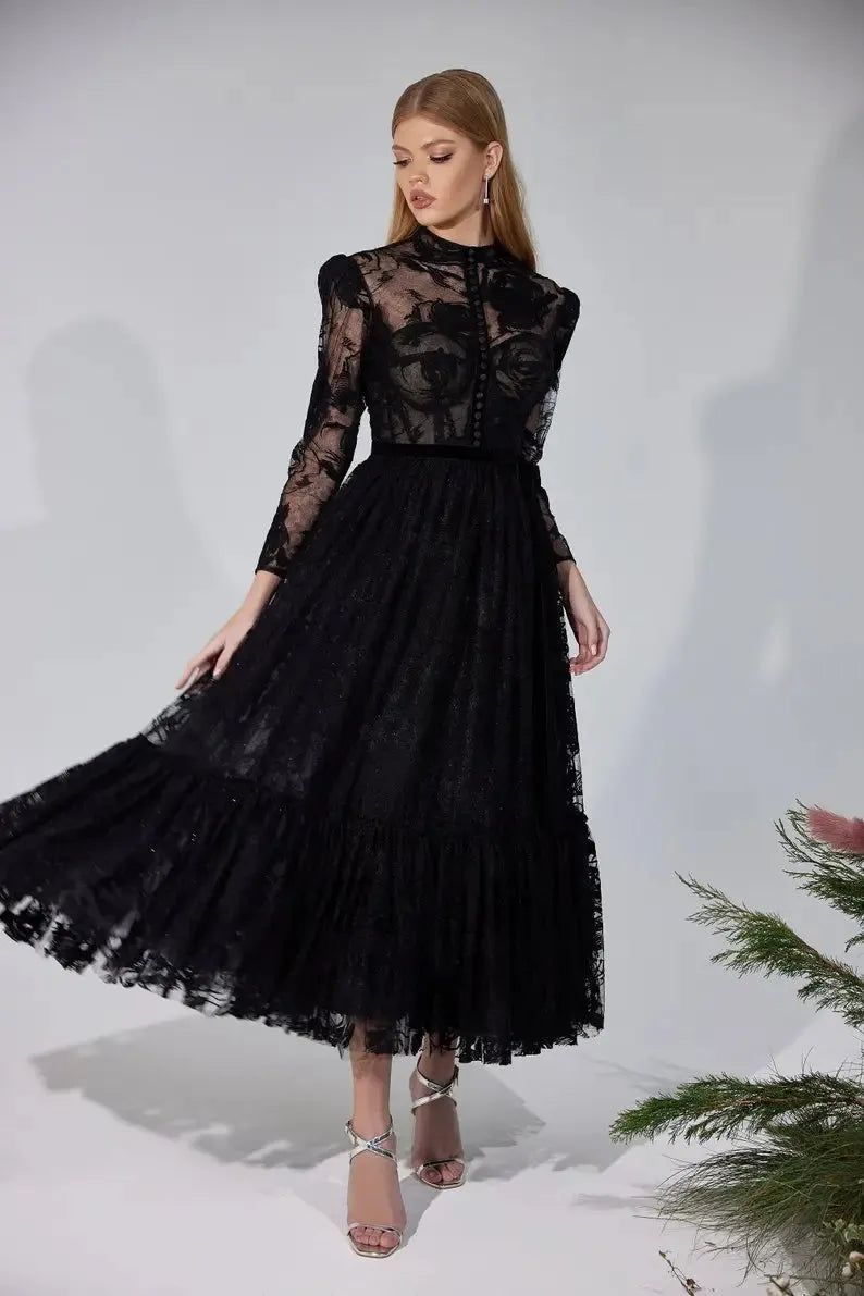 Black Evening Dress Tea-Length Lace Prom Dress Party Dress High Neck Long Sleeves A Line Cocktail Bridesmaid Evening Gowns Black
