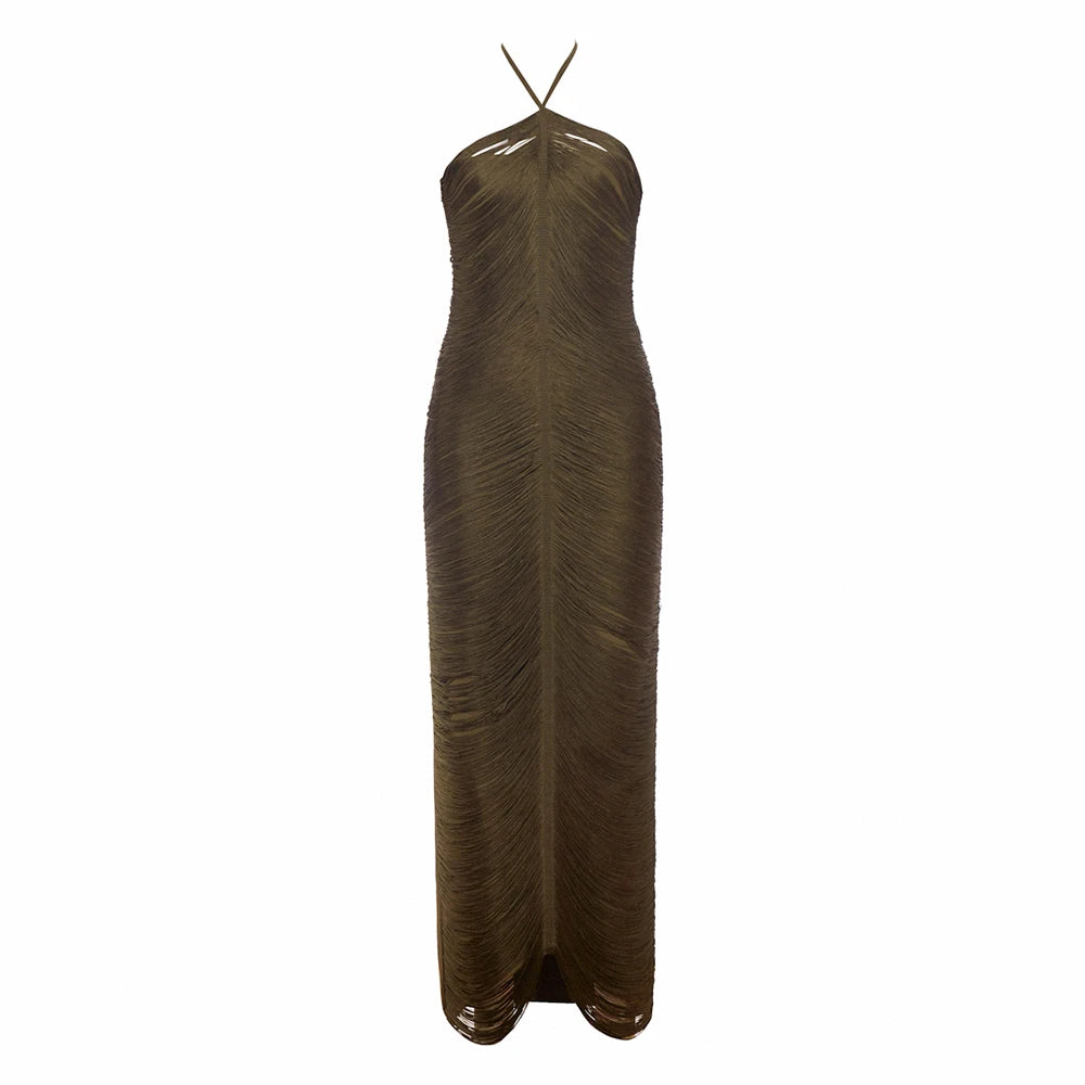 Opulent Fashion Halter Neck Sleeveless Dress for a High-End Black-Tie Event Evening Gown army green