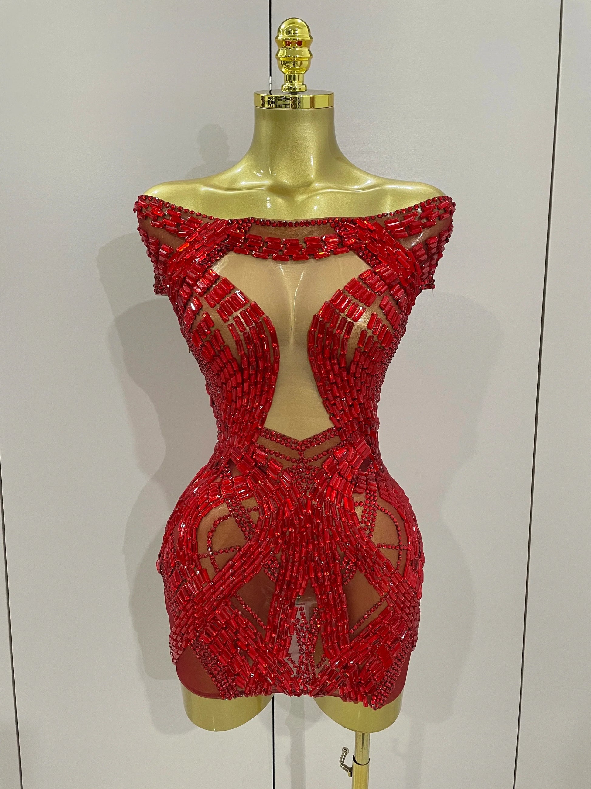 Shining Red Rhinestones Sexy Mesh See-Through Mini Dress Women Celebrate Evening Prom Birthday Party Dress Stage Shoot Wear Red