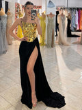 Sexy Backless Long Skirt 2 Pieces Set Women Strapless Golden Ruched Lace Up Top with Black High Slit Maxi Skirt Party Suits