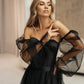 Cathy Black Off Shoulder Prom Dress 2023 Gothic Puffy Sleeve Party Dresses Tulle Sweep Train Evening Dress Sexy فستان سهرة