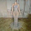 Super Shining Crystal Mesh See Through Floor Lenght Dress Woman Birthday Party Dress Stage Performances Costume