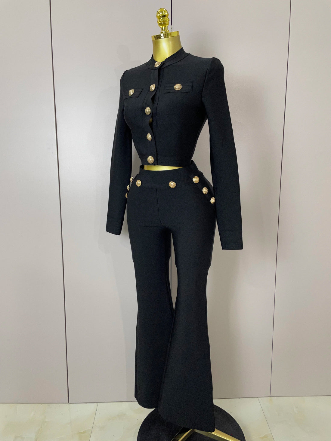 Golden Buttons Short Coat Top And Flare Pants Bandage 2 Pieces Set Woman Celebrity Evening Party Vestidos black