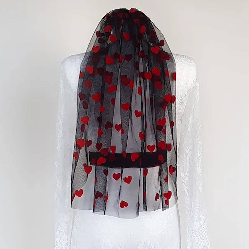 Short Wedding Veil for Bride Heart Bridal Veils With Comb Tulle Gothic Black Wedding Bride To Be Bachelorette Party Cosplay Veil as picture 2
