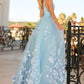 Blue Prom Dresses Floral Long Floor Length Princess Formal Party Birth Evening Gowns Tulle Sleevelss V Neck Spaghetti Strap