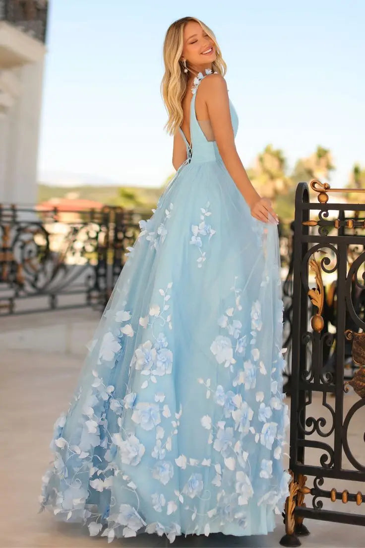 Vestidos de fiesta azules, florales, largos hasta el suelo, princesa, fiesta Formal, vestidos de noche de nacimiento, mangas de tul, cuello en V, tirantes finos