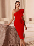Elegant Bandage Dress Evening Night Party One Shoulder Luxury White Black Blue Knee Length Sexy Cocktail Women Bodycon Dresses Red