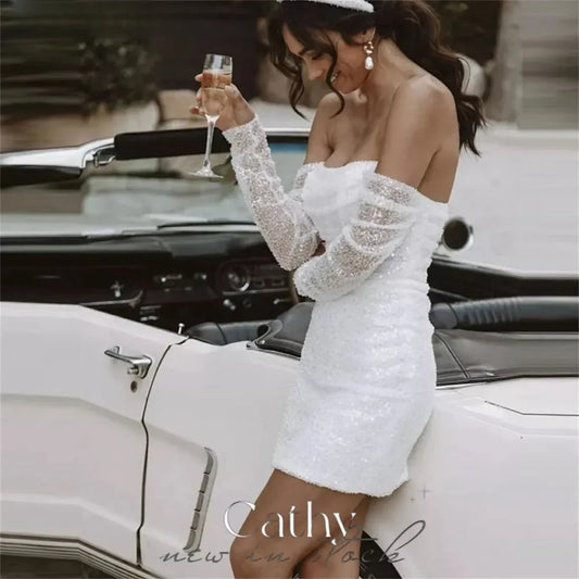 White Mini Sexy Glitter Prom Dresses Shiny Sequins Strapless فساتين السهرة Elegant Long Sleeves Short vestidos verano moda