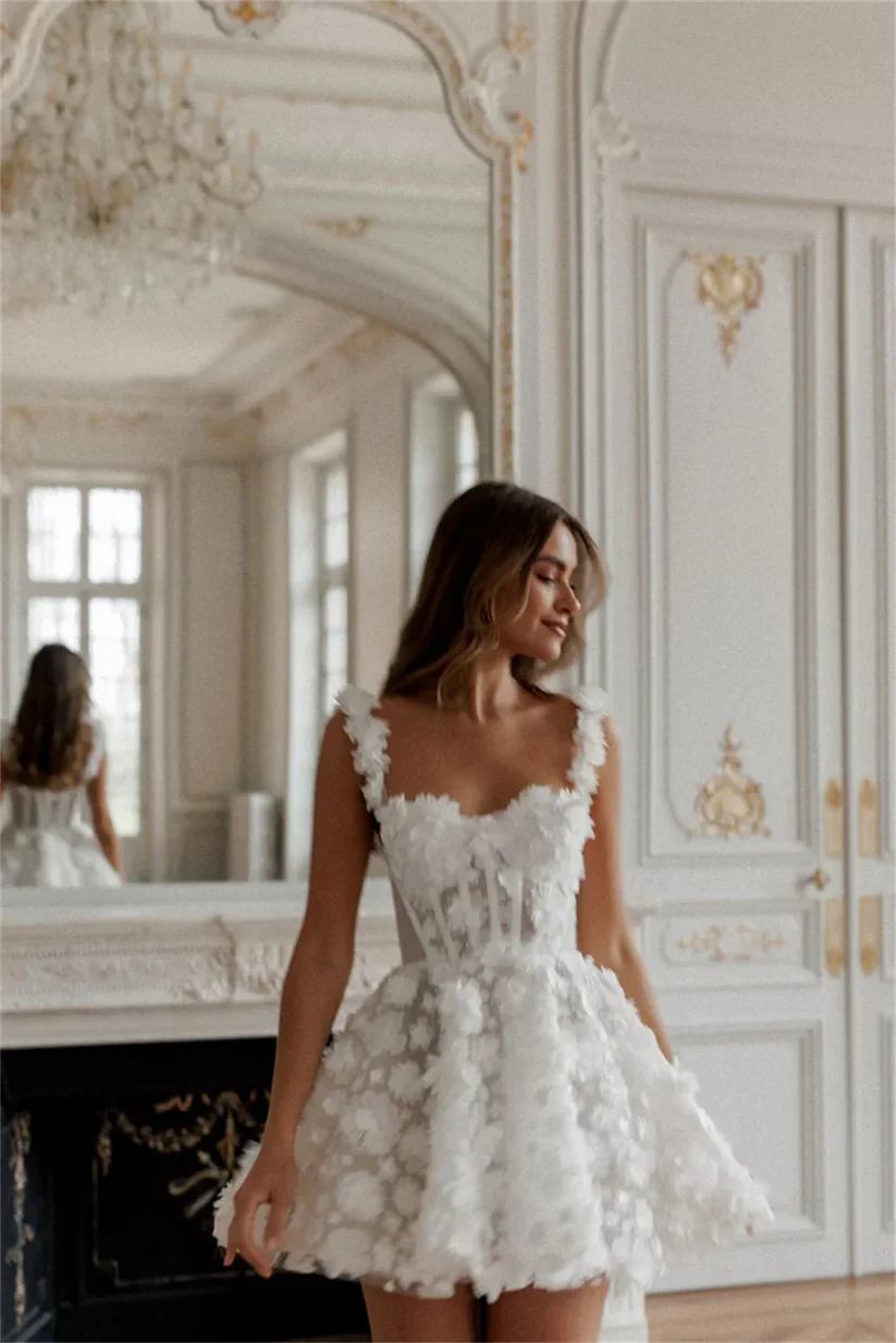 Vestidos elegantes de fiesta de boda, corte en A, escote en forma de corazón, flores 3D, vestidos de novia de encaje para mujer, vestidos de cóctel sin mangas 2024