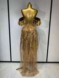 Sparkly Gold Long Dress Luxury Rhinestone Sequins See Thourgh Birthday Gown Sexy Off Shoulder Performance Singer Costume