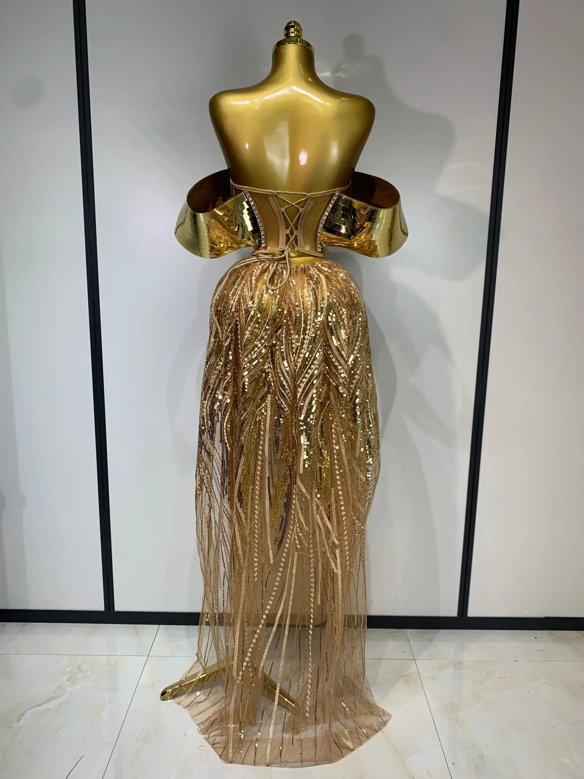 Sparkly Gold Long Dress Luxury Rhinestone Sequins See Thourgh Birthday Gown Sexy Off Shoulder Performance Singer Costume