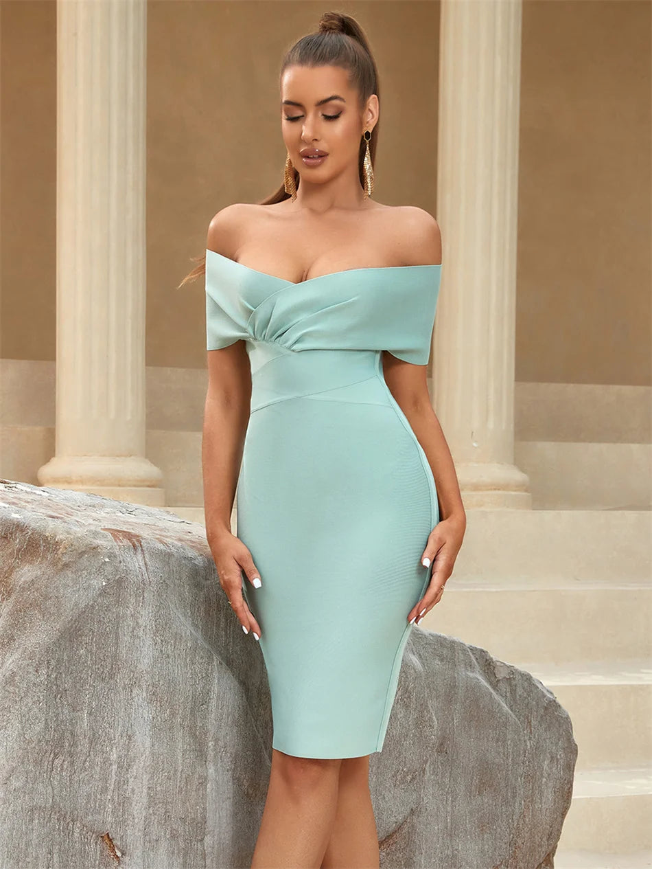 Bandage Evening Dress Women's Bodycon Dresses Midi Off Shoulder Sleeveless Night Party Celebrity Cocktail Modest Luxury Green