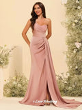 Pink One Shoulder Bridesmaid Dresses Satin Sleeveless Mermaid Side Split Ruched Sweep Train Wedding Party Dress Customized 66