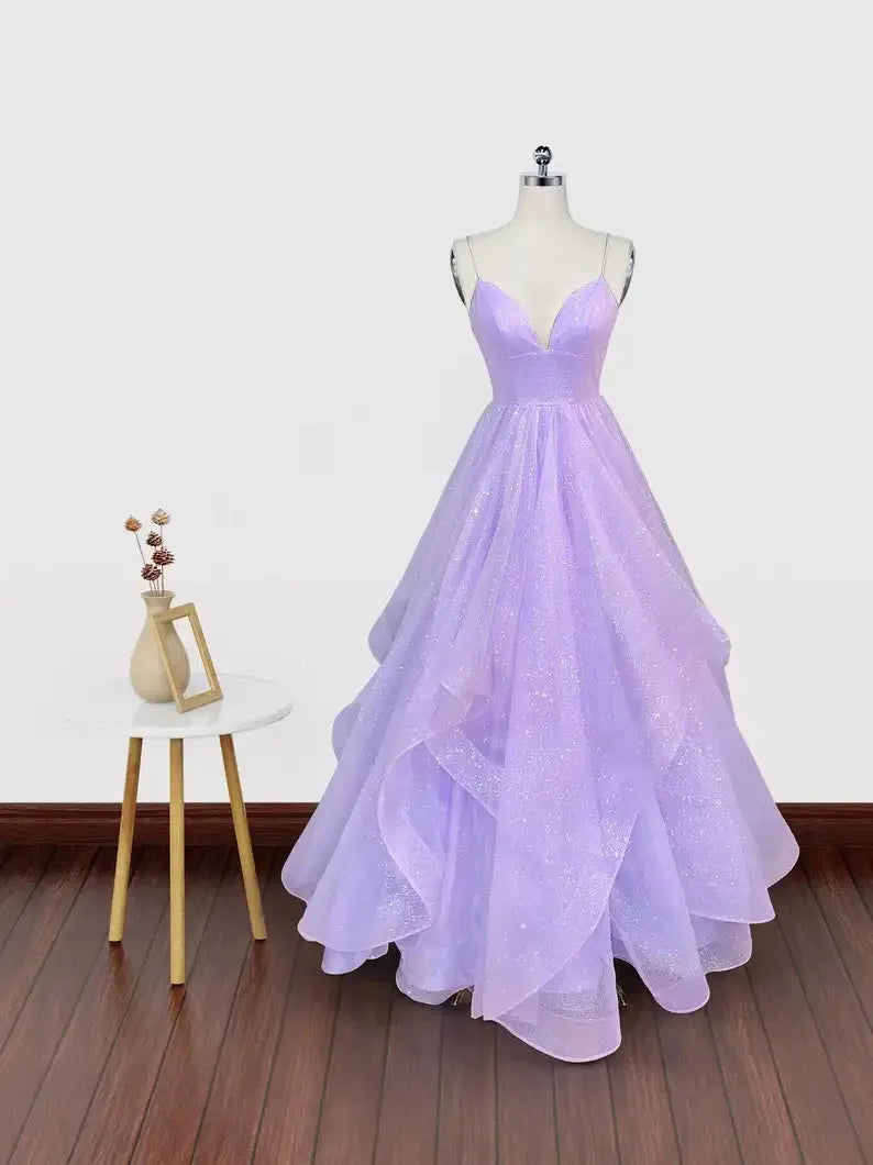Lilac Long Prom Dresses Glitters Tulle Ball Gown Spaghetti Strap Sleeveless Evening Gowns CUSTOM MADE lilac