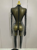 Sexy Sparkly Crystals Black Mesh Jumpsuit With Gloves Women Celebrate Birthday Party NightClub Singer Dance Stage Costumes