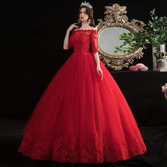 Red Wedding Dresses Elegant Boat Neck Vestido De Noiva Classic Lace Ball Gown Off The Plus Size Robe De Mariee