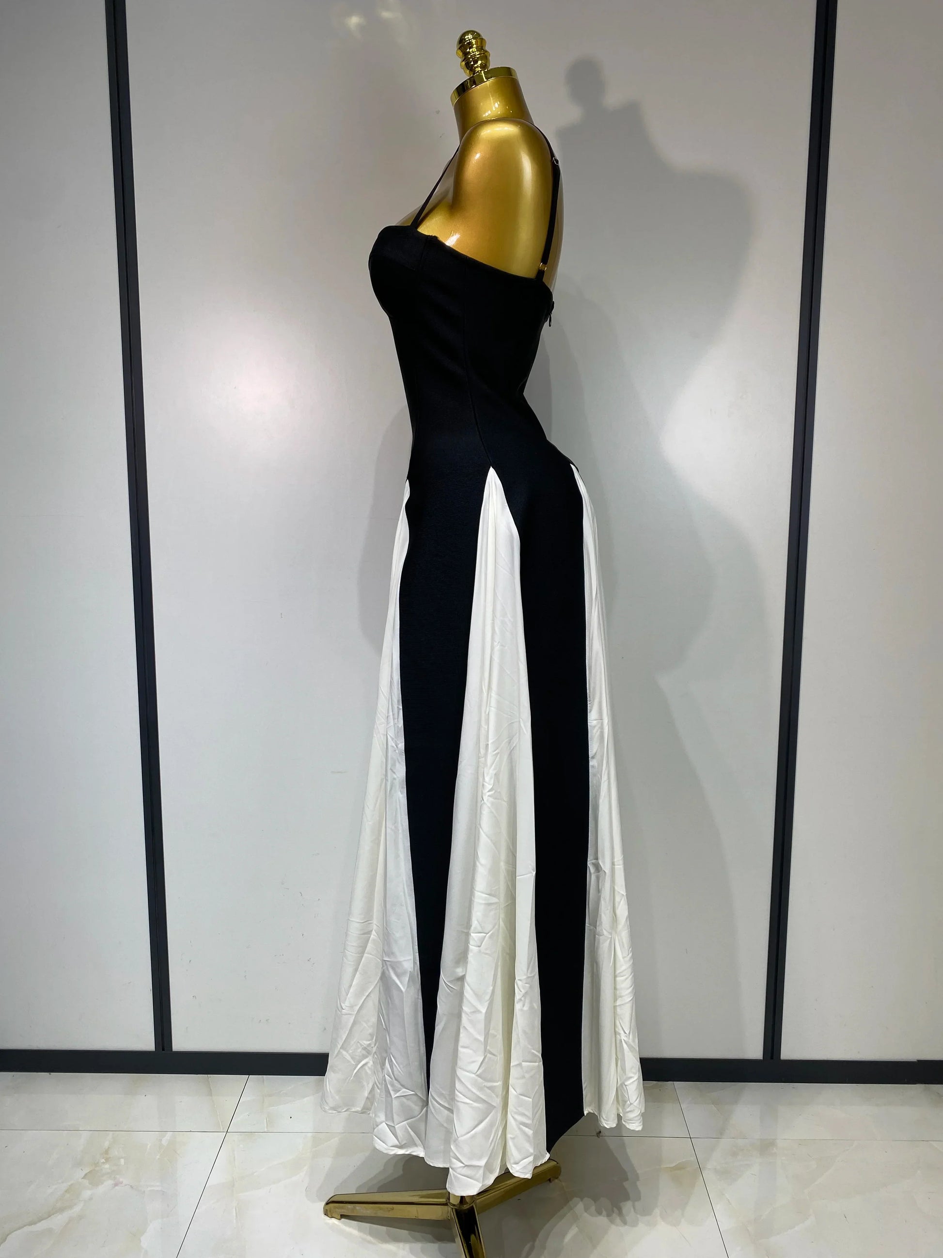 Women Contrast Color Camisole Long Dress Elegant Sleeveless Backless High Waist Bandage Dress High Street Banquet Gown