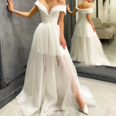 Vestidos de novia clásicos de manga corta, línea A, de encaje, con cuello en V, estilo bohemio, Princesa, novia, Vestidos de fiesta nupciales