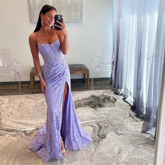 Lavender Mermaid Prom Dresses Lace Embroidery Evening Dress Elegant Off Shoulder Side Split Long Train vestidos de fiesta