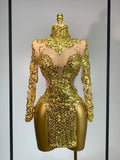 Women Long Sleeve Sexy Shinning Sequins Bodycon Mini Dress Mesh See Through Celebrate Birthday Evening Party Club Stage Outfit Gold